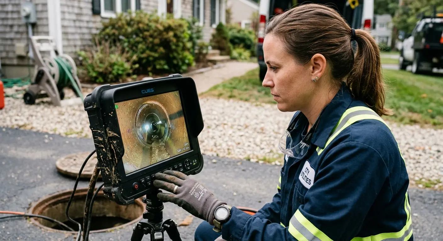 Technician reviewing sewer camera inspection footage in Wheaton