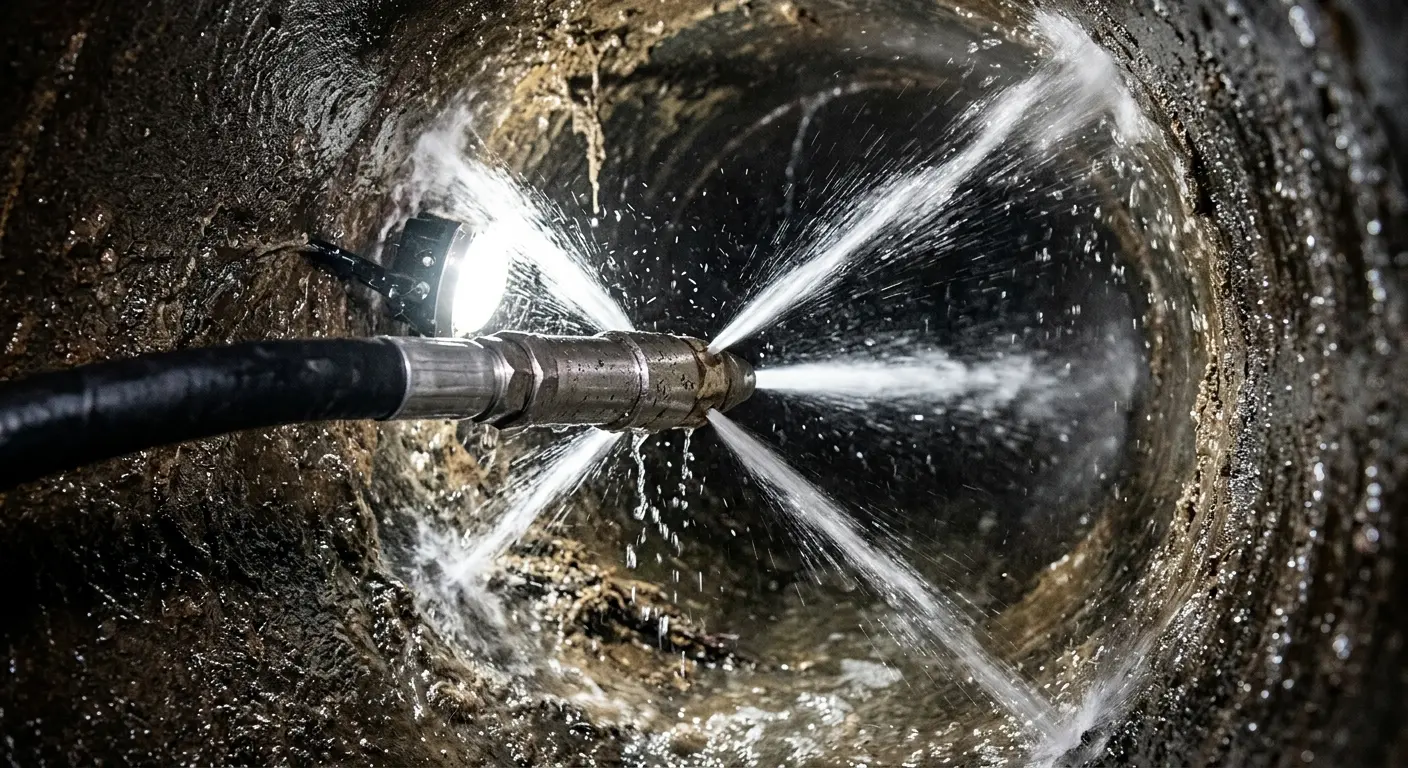 High-pressure hydro jetting nozzle cleaning sewer pipe for Trenchless Sewer Repair in Wheaton