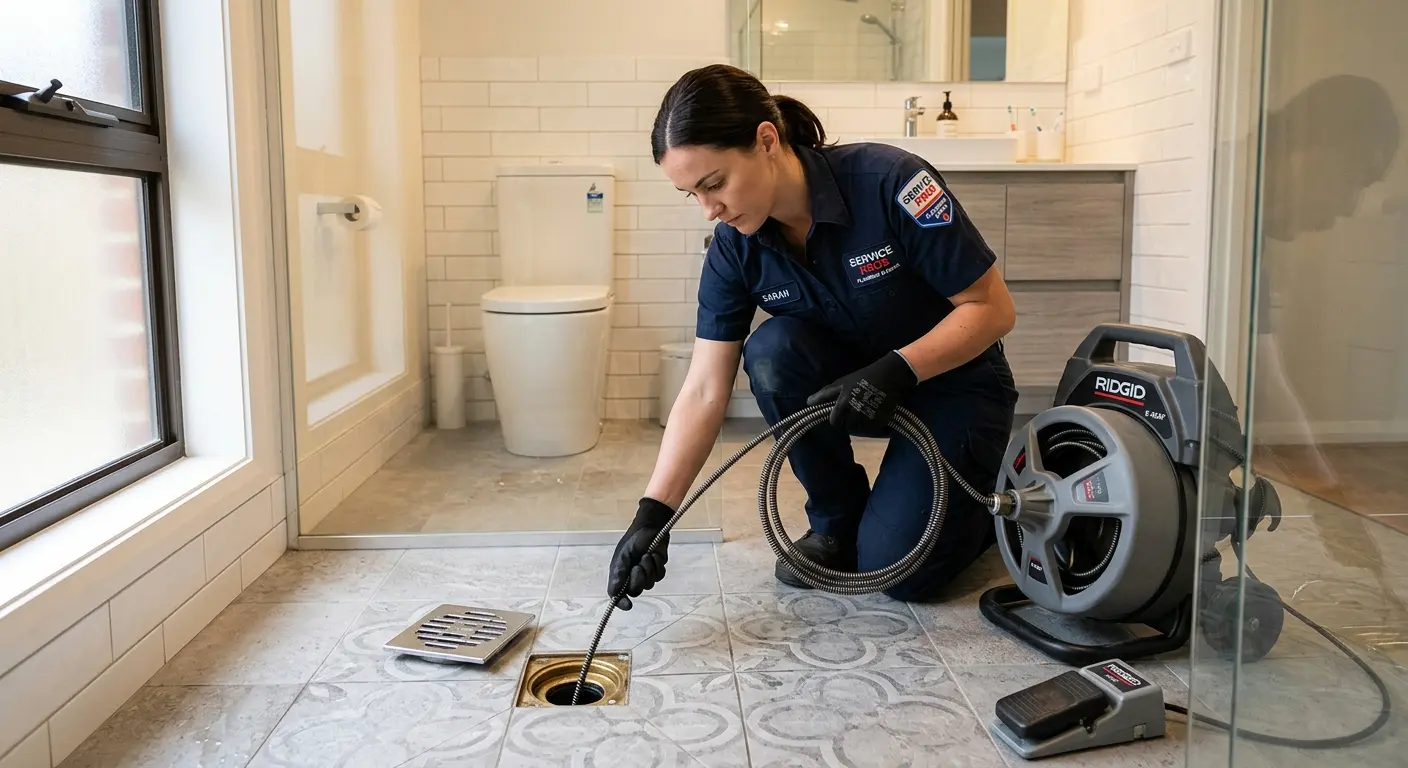 Technician clearing a bathroom floor drain for Sewer Line Installation in Wheaton